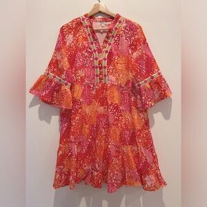 Debbie Katz South Beach Sinia Pink Orange Embroidered Trim Dress size M EUC